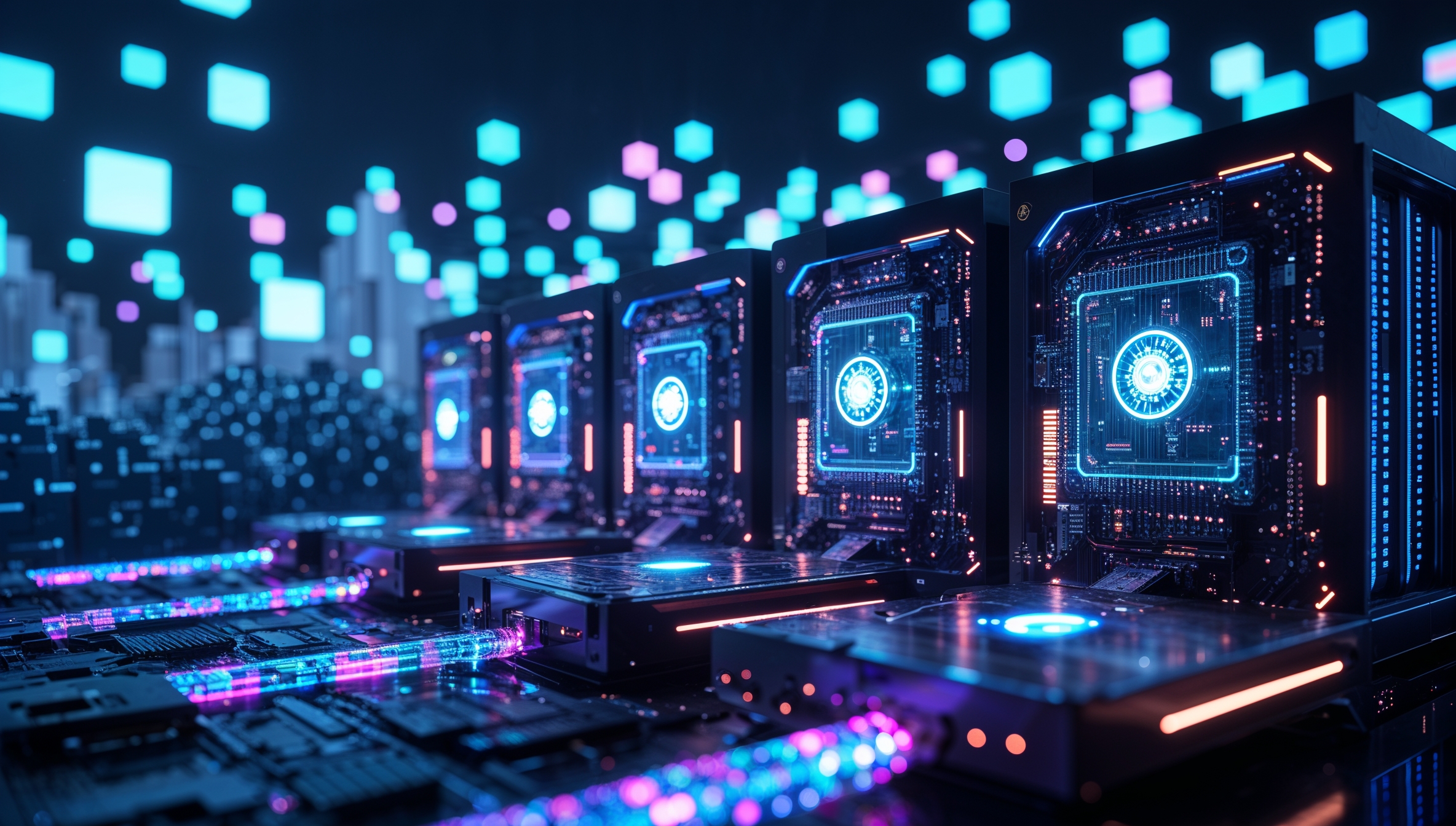 Leuchtende Servereinheiten mit holographischen Prozessoren verarbeiten Daten in einer futuristischen Umgebung
