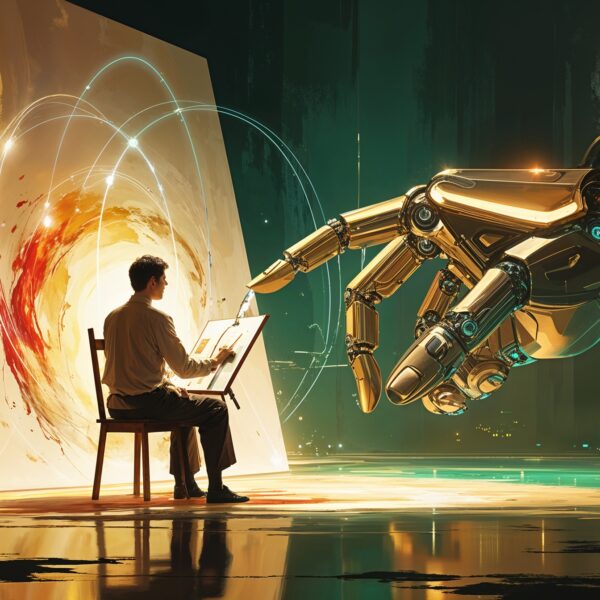 Künstler malt auf Leinwand, unterstützt von riesiger Roboterhand, symbolisiert Symbiose zwischen Kunst und Technologie