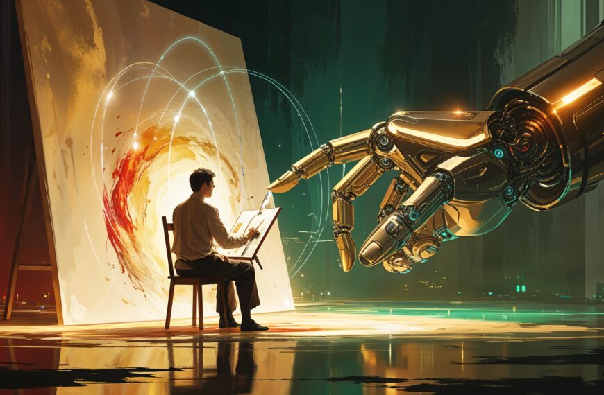 Künstler malt auf Leinwand, unterstützt von riesiger Roboterhand, symbolisiert Symbiose zwischen Kunst und Technologie