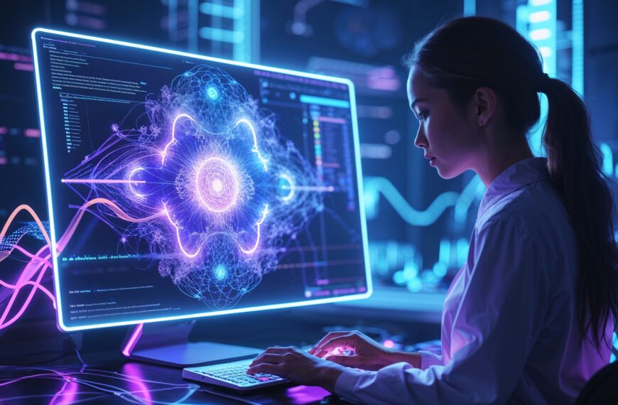Wissenschaftlerin analysiert KI-gestützte Datenvisualisierung auf einem futuristischen Display in einer High-Tech-Umgebung