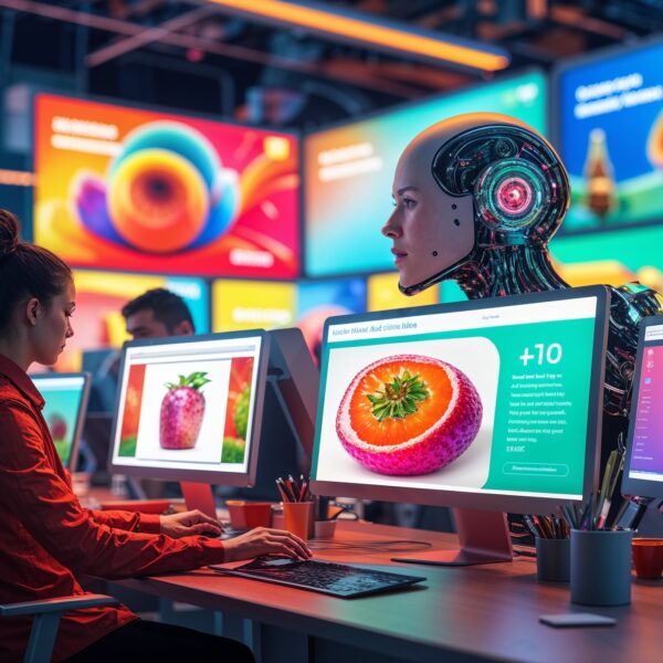 Moderner Arbeitsplatz mit Menschen und KI-Roboter, digitale Bildbearbeitung, kreative Zusammenarbeit zwischen Mensch und KI