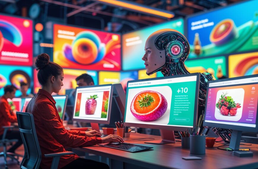 Moderner Arbeitsplatz mit Menschen und KI-Roboter, digitale Bildbearbeitung, kreative Zusammenarbeit zwischen Mensch und KI