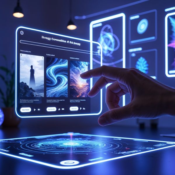 Hand bedient futuratives Hologramm mit KI-generierten Bildern in einem modern beleuchteten digitalen Arbeitsraum.