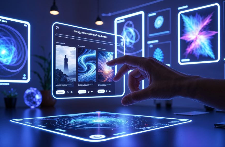 Hand bedient futuratives Hologramm mit KI-generierten Bildern in einem modern beleuchteten digitalen Arbeitsraum.