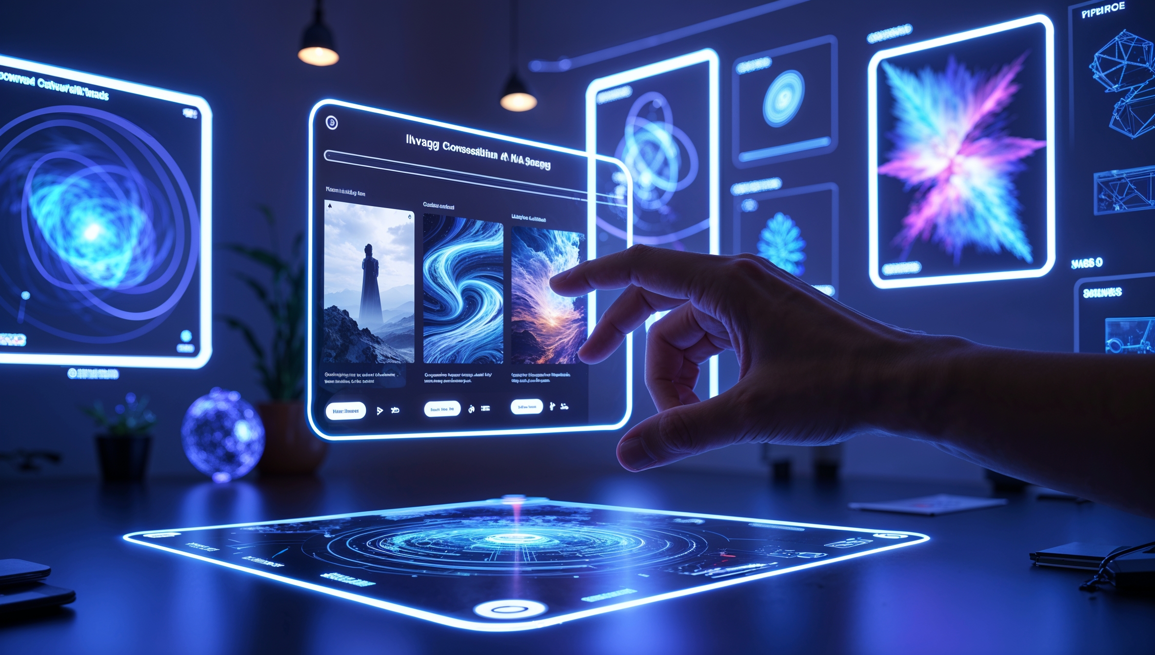 Hand bedient futuratives Hologramm mit KI-generierten Bildern in einem modern beleuchteten digitalen Arbeitsraum.