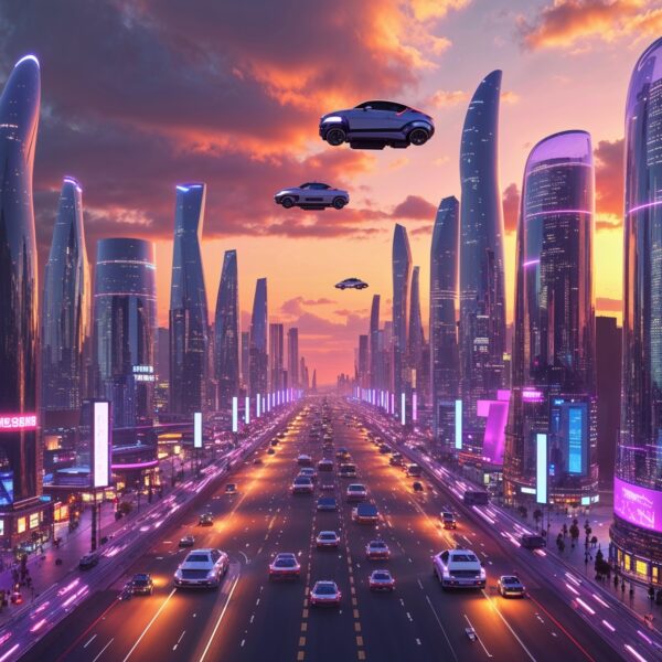 Futuristische Großstadt bei Sonnenuntergang mit fliegenden Autos, Neonlichtern und Hochhäusern, Cyberpunk-Stil