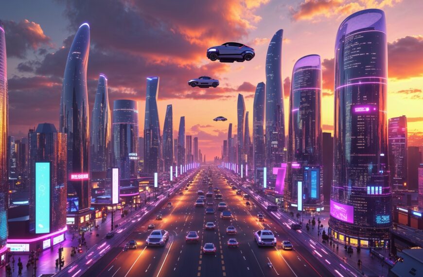 Futuristische Großstadt bei Sonnenuntergang mit fliegenden Autos, Neonlichtern und Hochhäusern, Cyberpunk-Stil