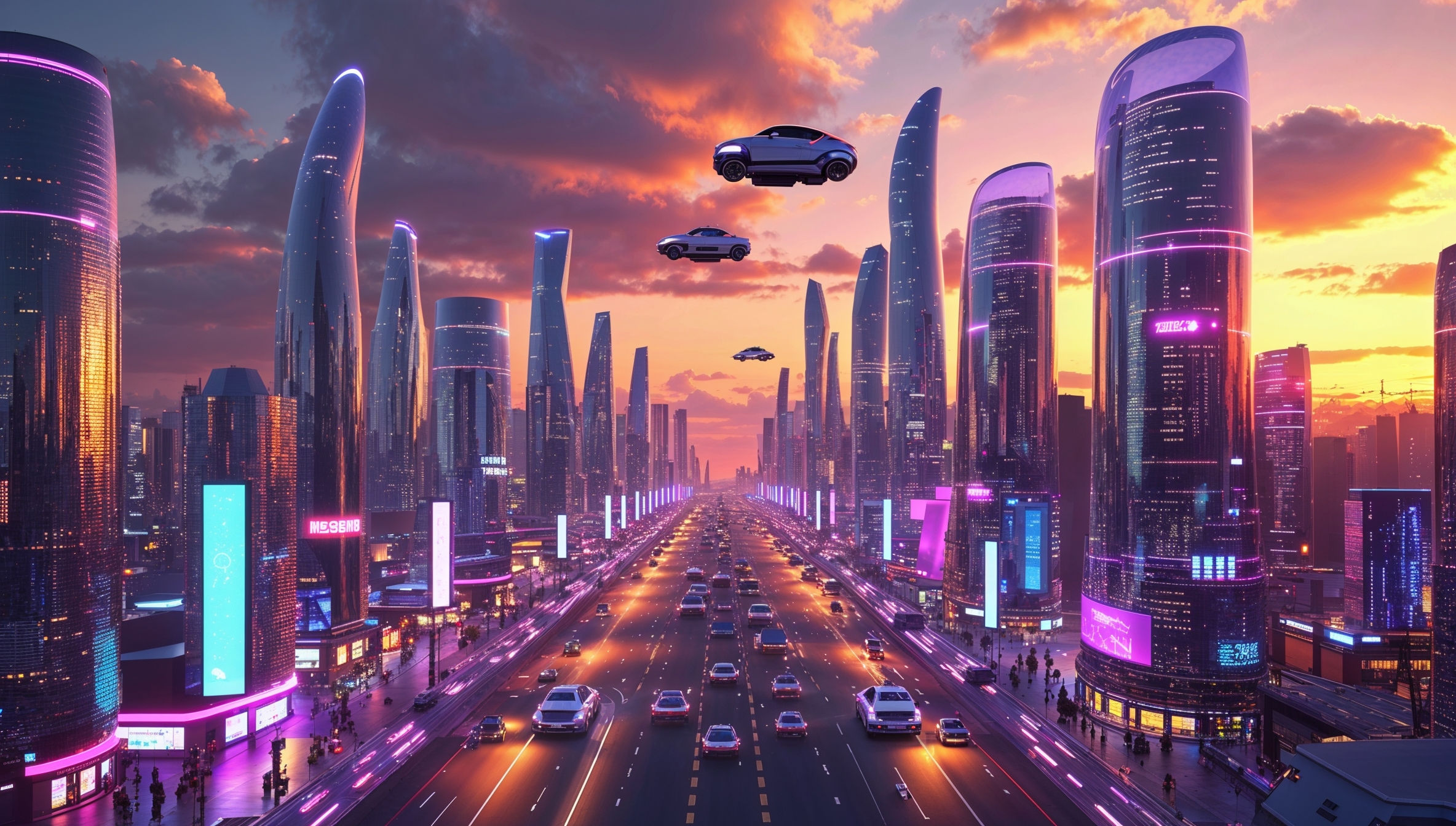 Futuristische Großstadt bei Sonnenuntergang mit fliegenden Autos, Neonlichtern und Hochhäusern, Cyberpunk-Stil