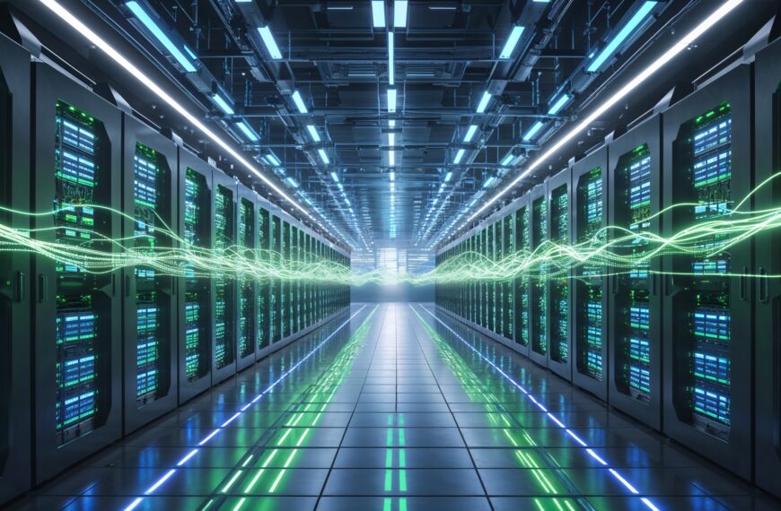 Futuristisches Rechenzentrum mit Servern, grünen Datenströmen und moderner Technologie, symbolisiert Big Data und Cloud