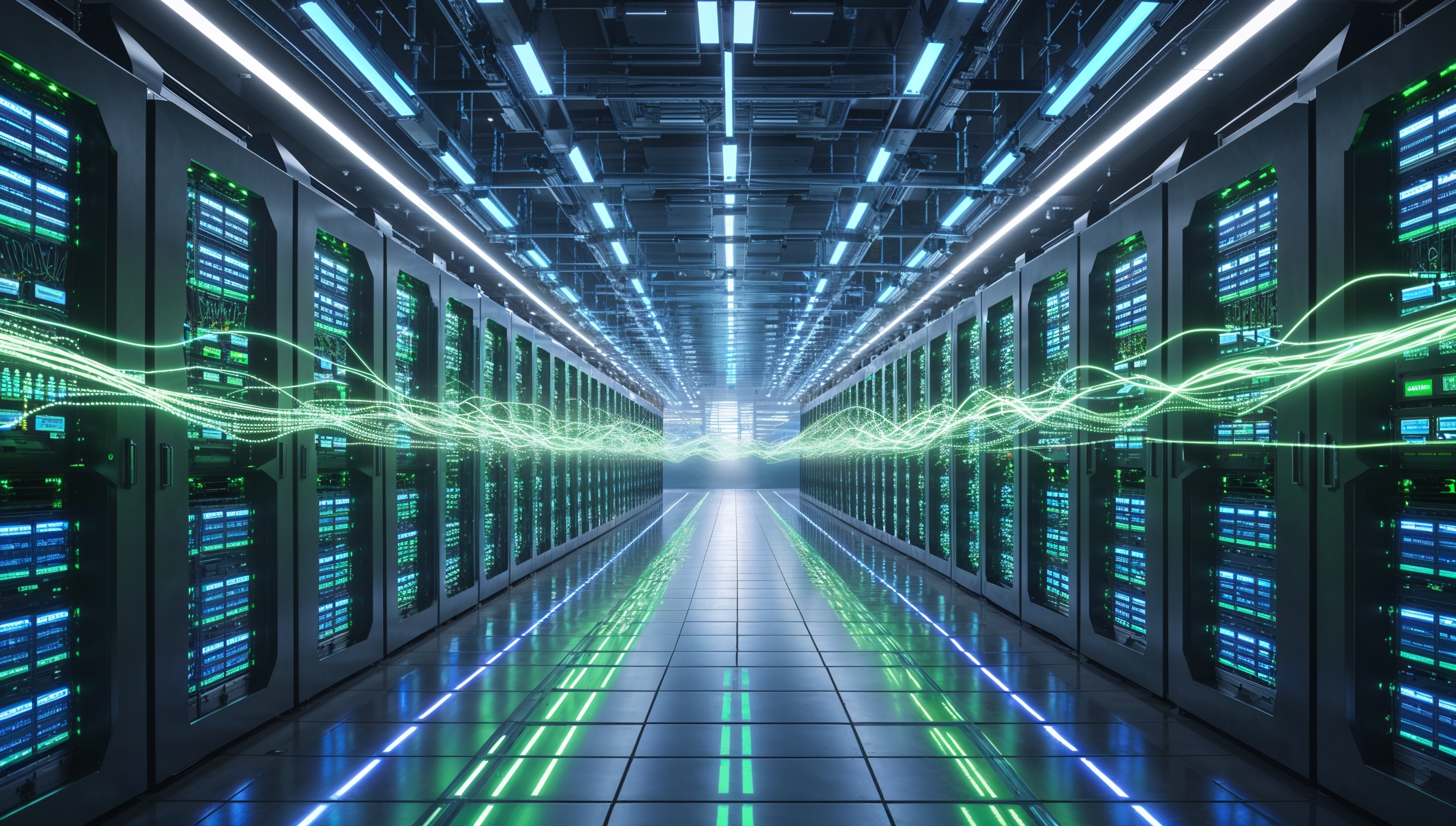 Futuristisches Rechenzentrum mit Servern, grünen Datenströmen und moderner Technologie, symbolisiert Big Data und Cloud