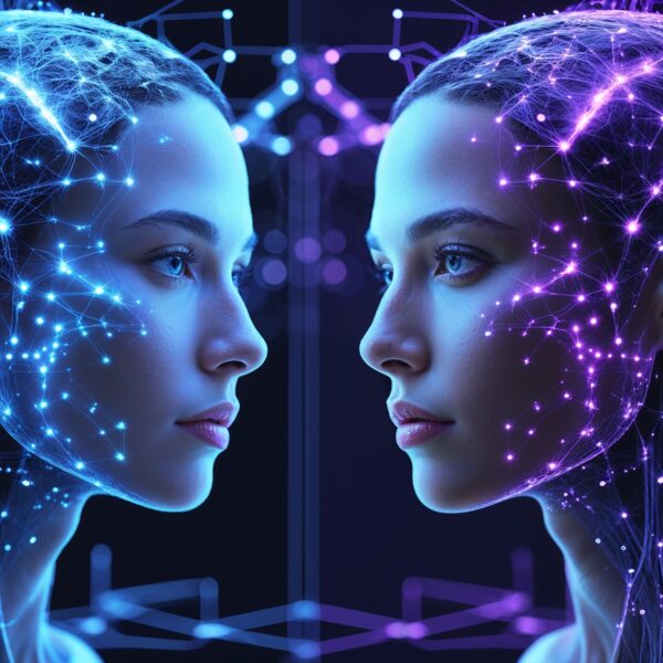 Zwei futuristische Köpfe im Profil mit leuchtenden neuronalen Netzwerken in Blau und Lila, symbolisieren KI und Technologie