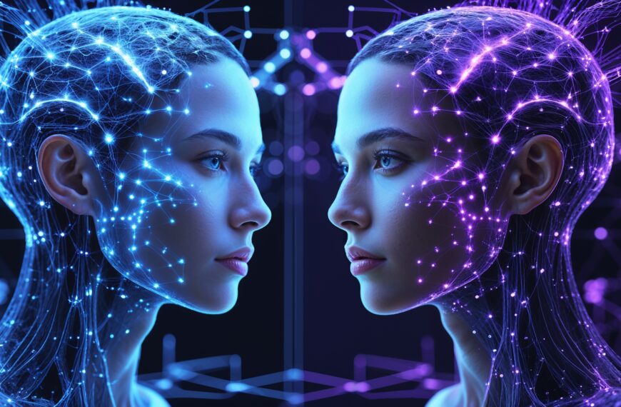 Zwei futuristische Köpfe im Profil mit leuchtenden neuronalen Netzwerken in Blau und Lila, symbolisieren KI und Technologie