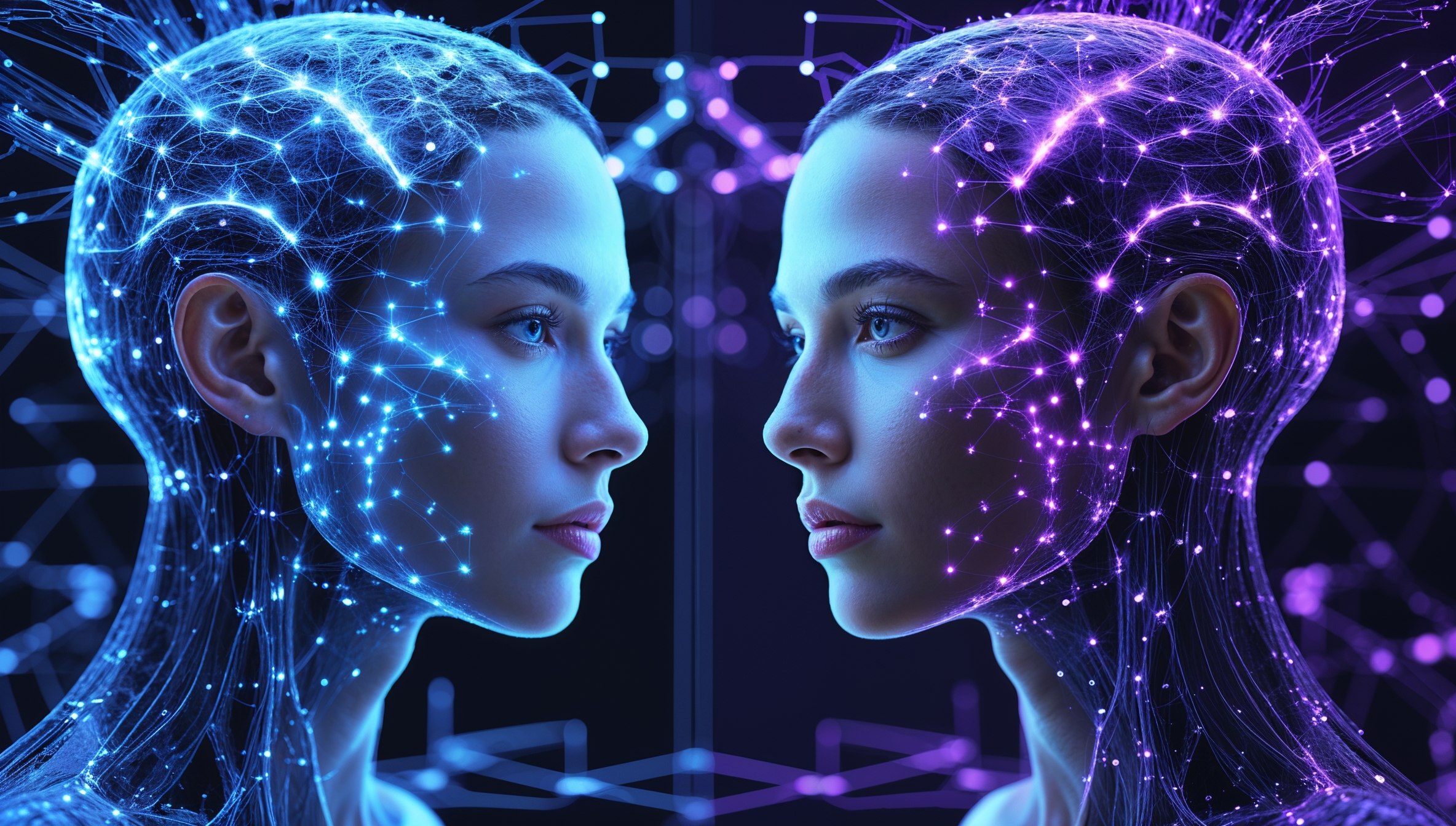 Zwei futuristische Köpfe im Profil mit leuchtenden neuronalen Netzwerken in Blau und Lila, symbolisieren KI und Technologie