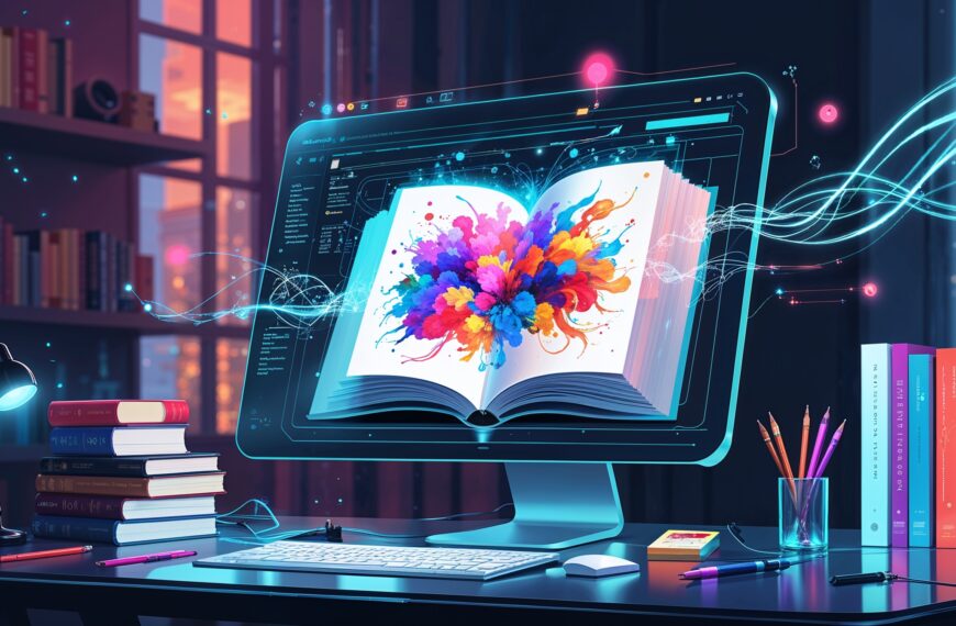 Futuristischer Schreibtisch mit digitalem Buch auf Bildschirm, bunter Kreativitätsexplosion, Tastatur und Bücherregalen
