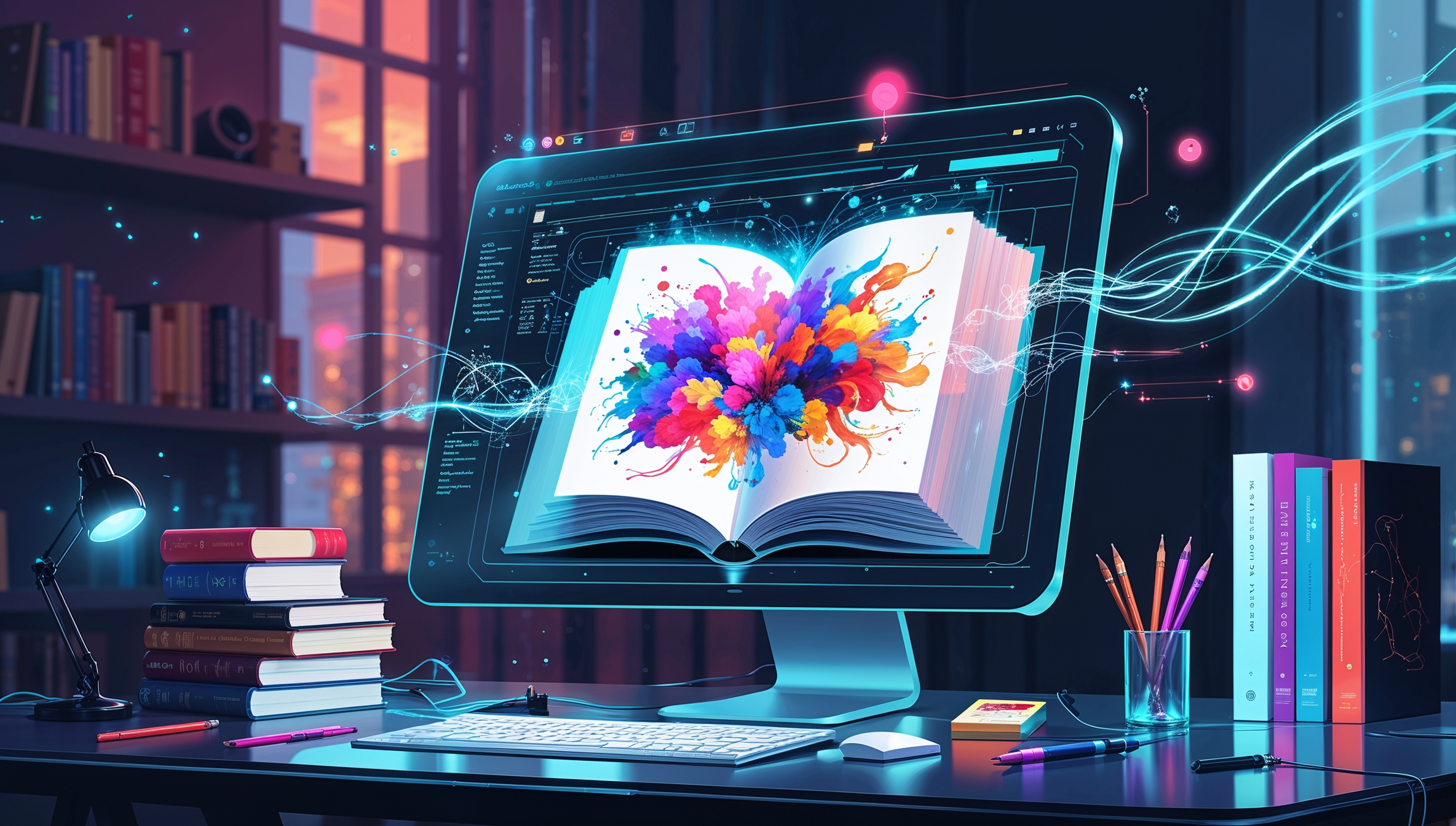 Futuristischer Schreibtisch mit digitalem Buch auf Bildschirm, bunter Kreativitätsexplosion, Tastatur und Bücherregalen