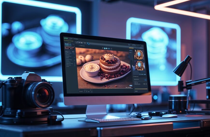 Moderner Arbeitsplatz für Food-Fotografie mit Kamera, Monitor und digitaler Bildbearbeitung, stimmungsvolle Lichtgestaltung