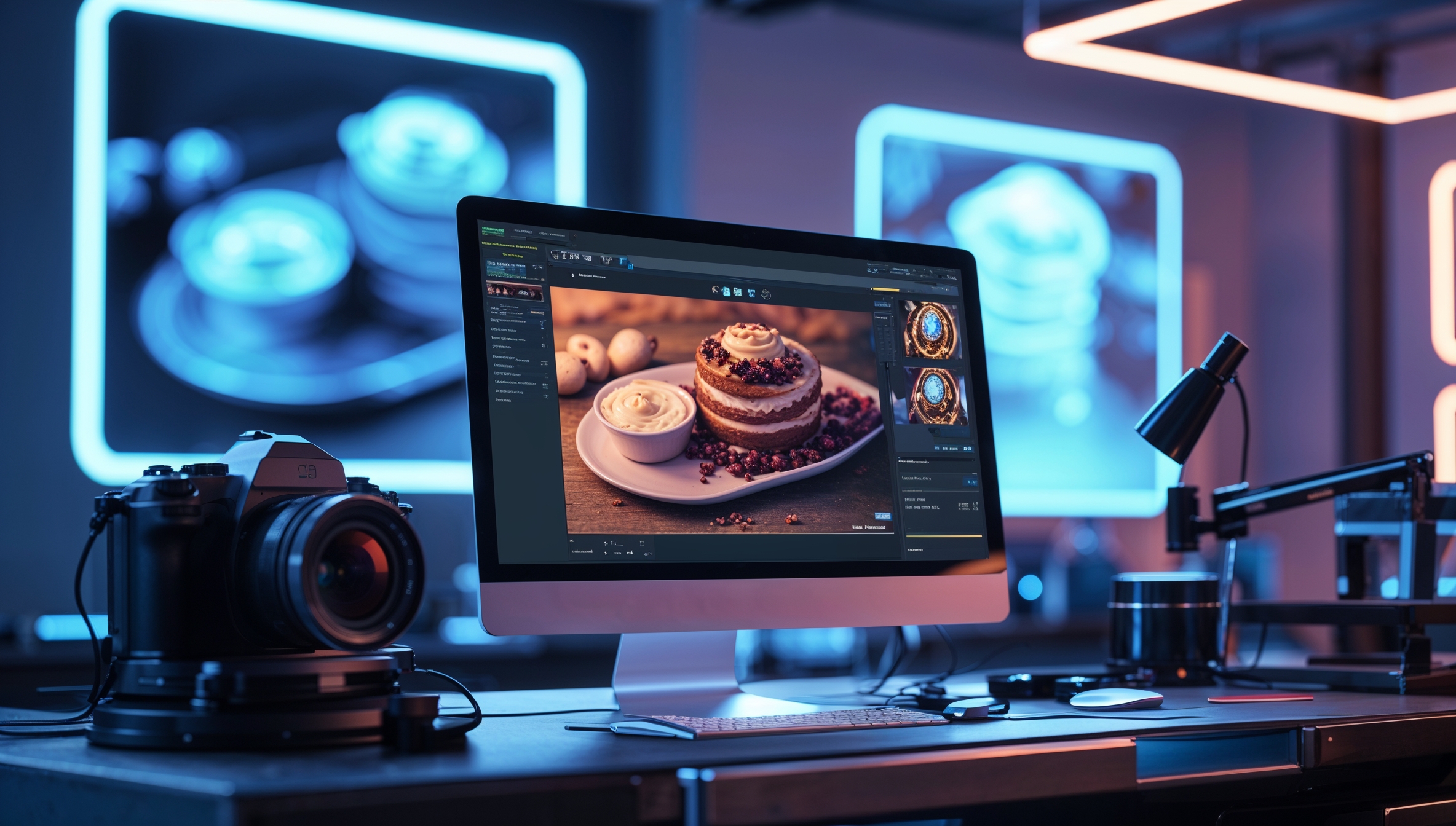 Moderner Arbeitsplatz für Food-Fotografie mit Kamera, Monitor und digitaler Bildbearbeitung, stimmungsvolle Lichtgestaltung