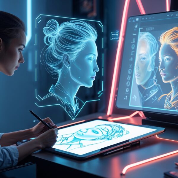 Digitale Künstlerin erstellt futuristische Porträtzeichnung mit KI-Unterstützung auf einem Grafiktablet