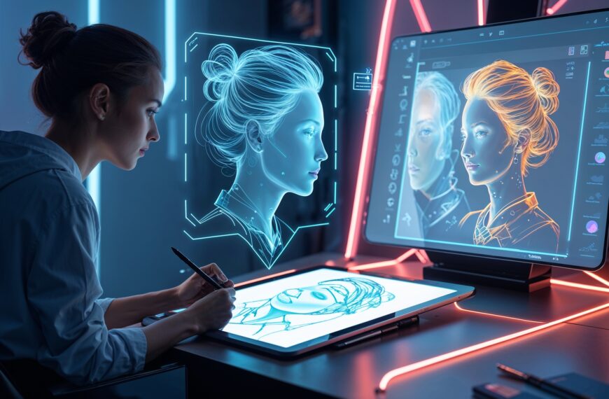Digitale Künstlerin erstellt futuristische Porträtzeichnung mit KI-Unterstützung auf einem Grafiktablet