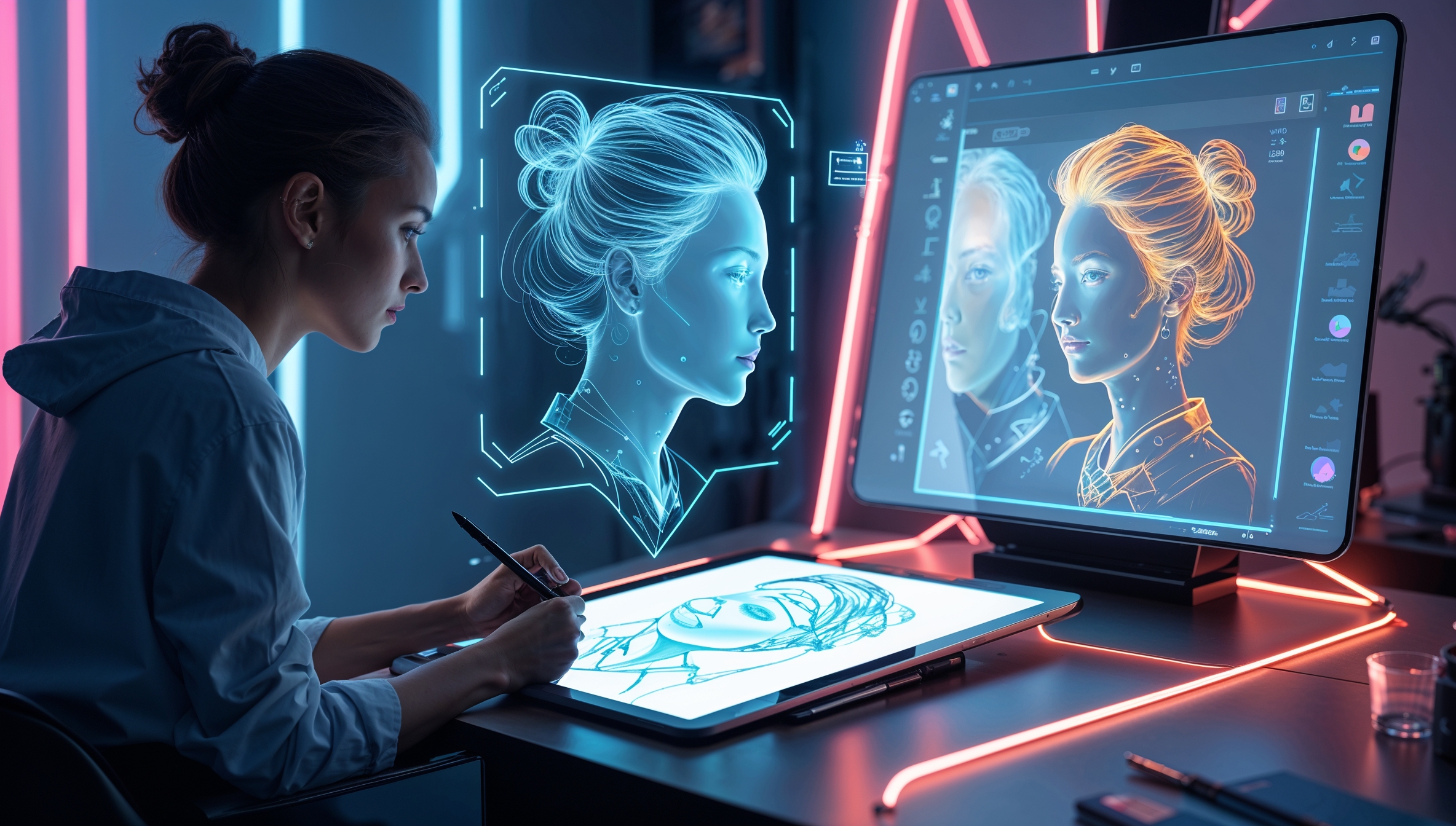 Digitale Künstlerin erstellt futuristische Porträtzeichnung mit KI-Unterstützung auf einem Grafiktablet
