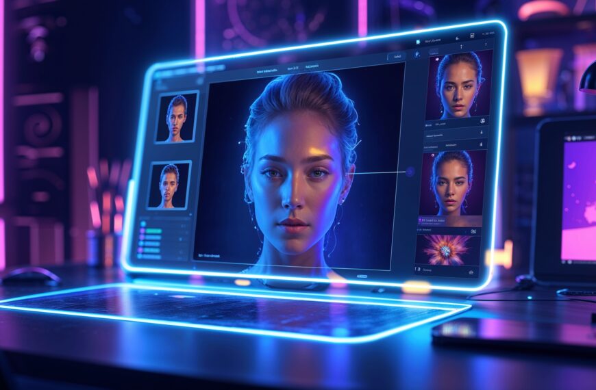 Futuristischer Arbeitsplatz mit holografischem Bildschirm, digitale Bildbearbeitung und Porträts, blaue und pinke Neonlichter