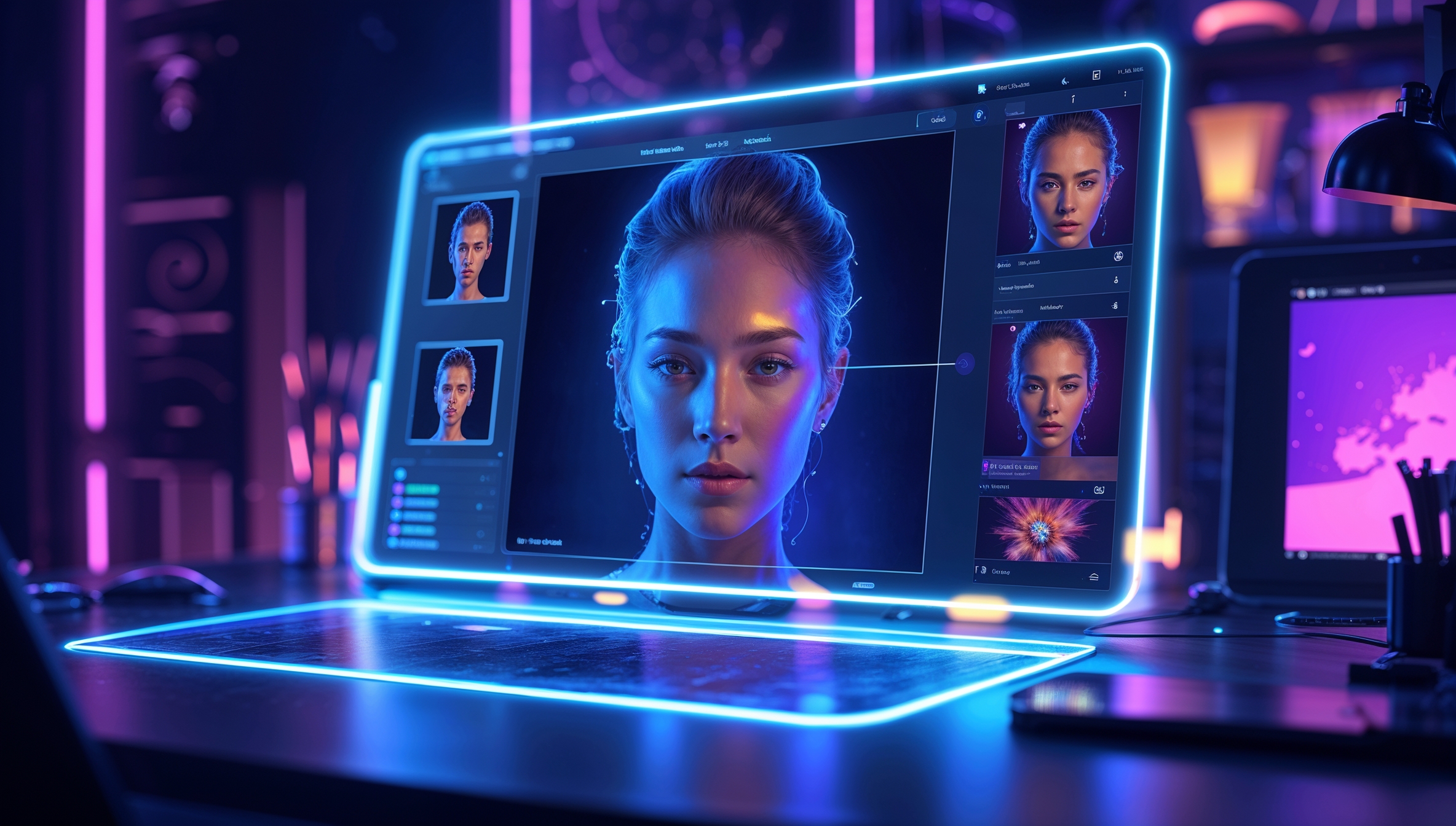 Futuristischer Arbeitsplatz mit holografischem Bildschirm, digitale Bildbearbeitung und Porträts, blaue und pinke Neonlichter