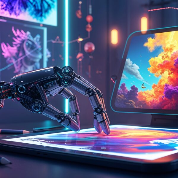 Roboterhand erstellt digitale Kunst auf Tablet, futuristische kreative Szene mit bunten Wolken, Technologie und Kreativität