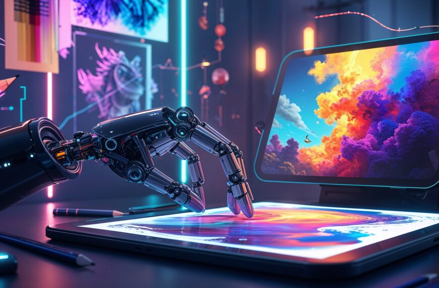 Roboterhand erstellt digitale Kunst auf Tablet, futuristische kreative Szene mit bunten Wolken, Technologie und Kreativität