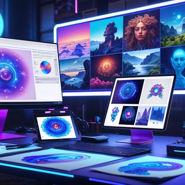 Modernes Grafikdesign-Studio mit mehreren Bildschirmen, digitale Kunst und kreative Bildbearbeitung, Neonfarben, futuristisch