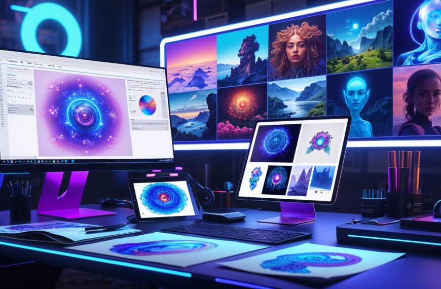 Modernes Grafikdesign-Studio mit mehreren Bildschirmen, digitale Kunst und kreative Bildbearbeitung, Neonfarben, futuristisch