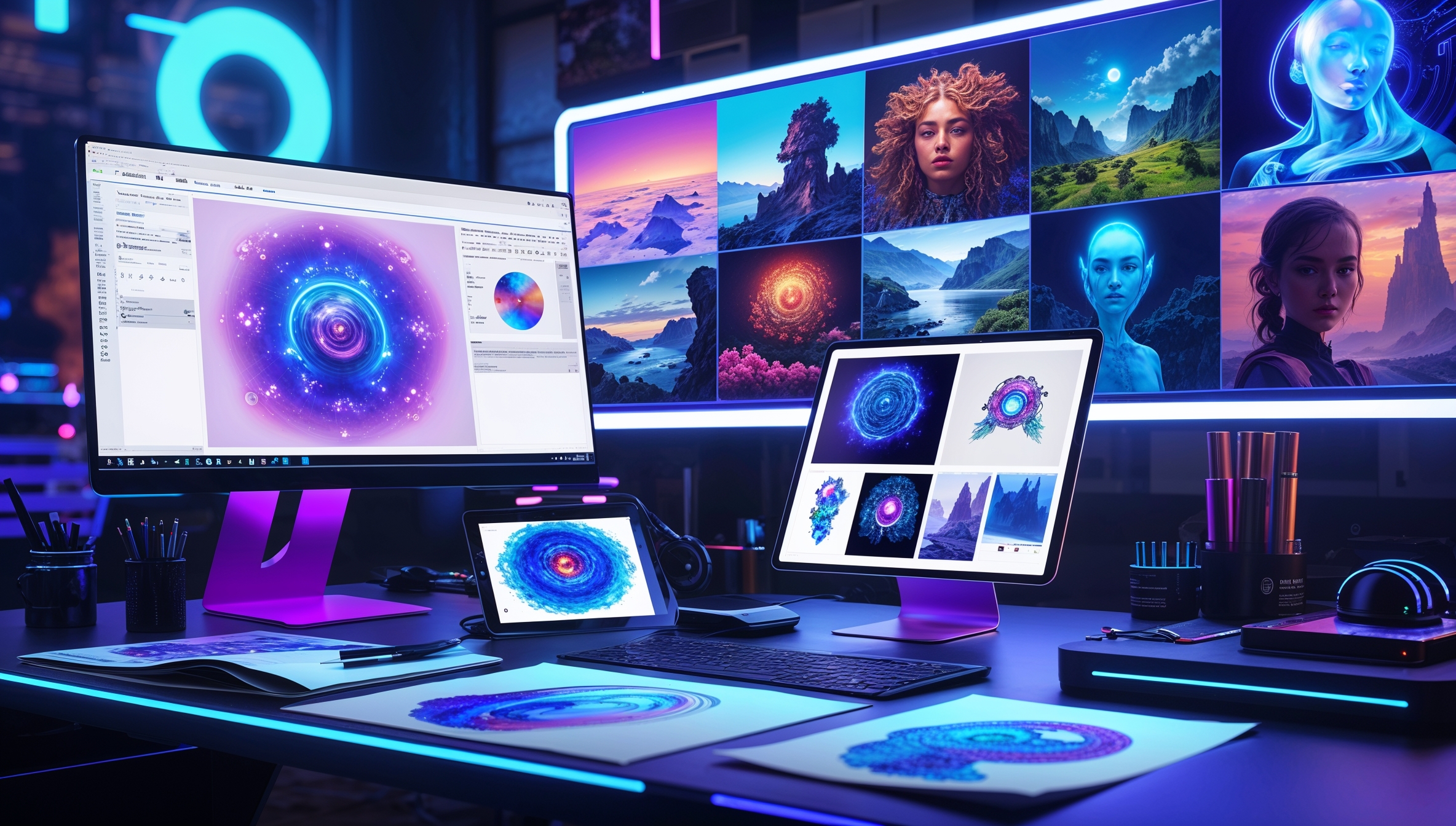 Modernes Grafikdesign-Studio mit mehreren Bildschirmen, digitale Kunst und kreative Bildbearbeitung, Neonfarben, futuristisch