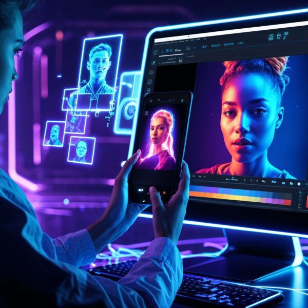 Digitale Künstlerin bearbeitet KI-generierte Porträts auf einem futuristischen Bildschirm, während sie das Ergebnis auf dem Smartphone überprüft.