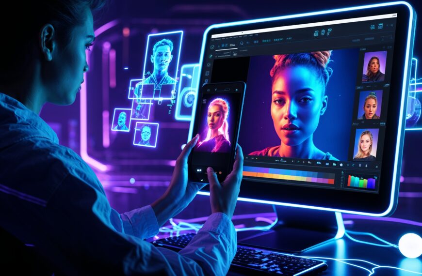Digitale Künstlerin bearbeitet KI-generierte Porträts auf einem futuristischen Bildschirm, während sie das Ergebnis auf dem Smartphone überprüft.