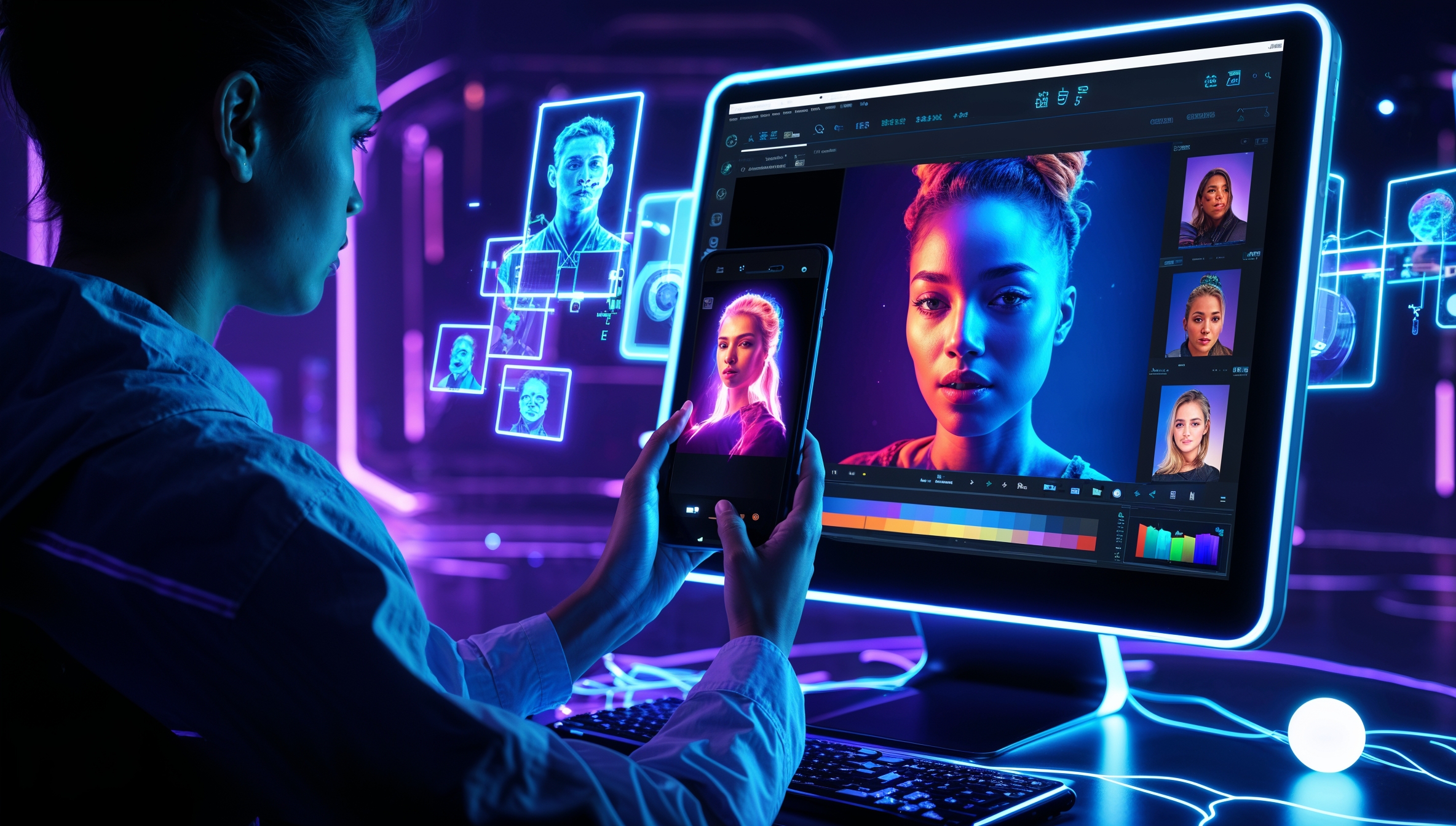 Digitale Künstlerin bearbeitet KI-generierte Porträts auf einem futuristischen Bildschirm, während sie das Ergebnis auf dem Smartphone überprüft.