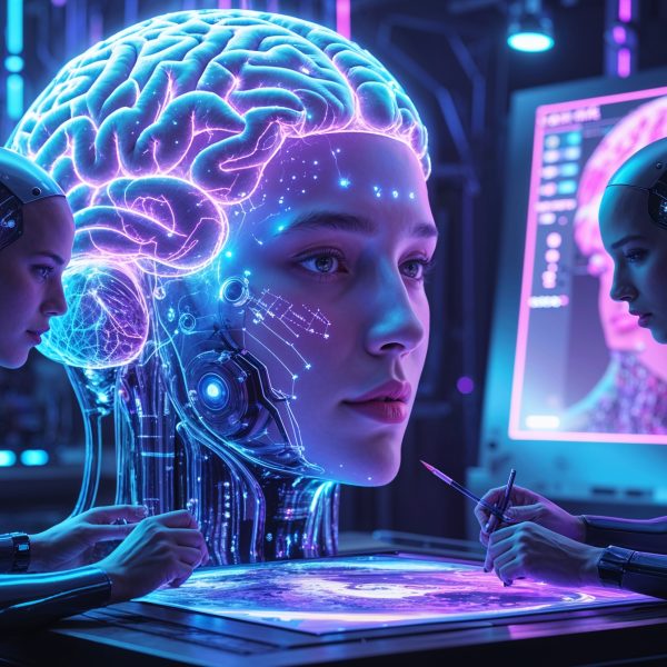 KI-gesteuerte Androiden analysieren ein holografisches Gehirnmodell in einer futuristischen High-Tech-Umgebung zur künstlichen Intelligenz