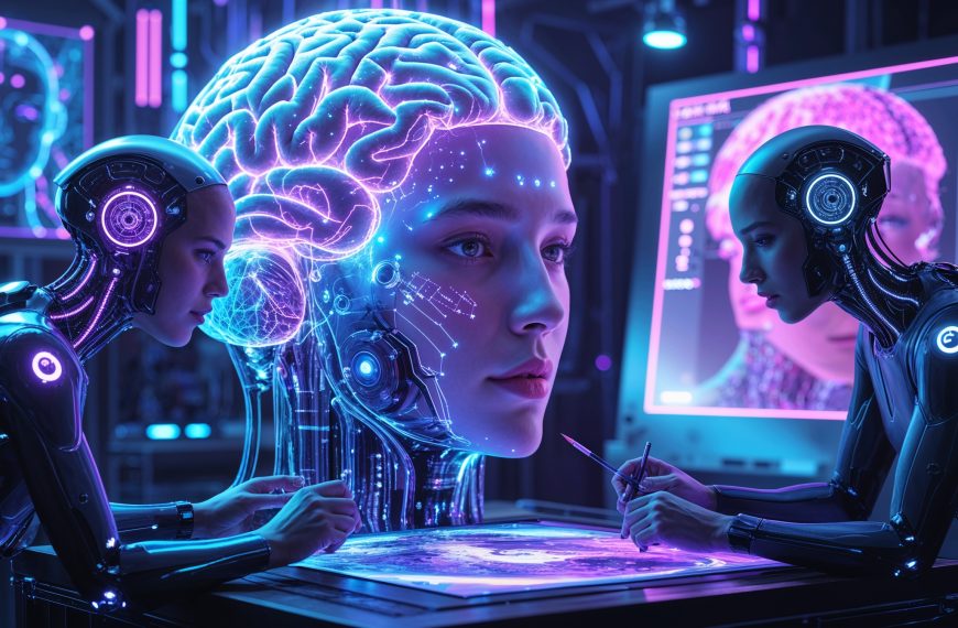 KI-gesteuerte Androiden analysieren ein holografisches Gehirnmodell in einer futuristischen High-Tech-Umgebung zur künstlichen Intelligenz