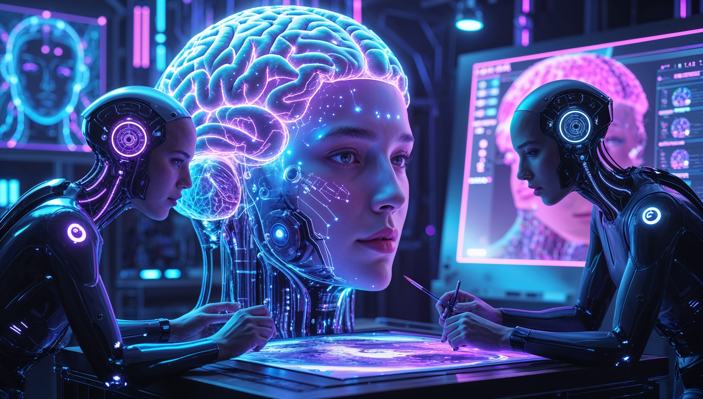KI-gesteuerte Androiden analysieren ein holografisches Gehirnmodell in einer futuristischen High-Tech-Umgebung zur künstlichen Intelligenz