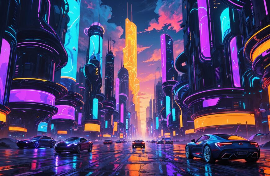 Futuristische Stadt bei Nacht mit Neonlichtern, Hochhäusern und modernen Sportwagen, Cyberpunk-Atmosphäre und Skyline