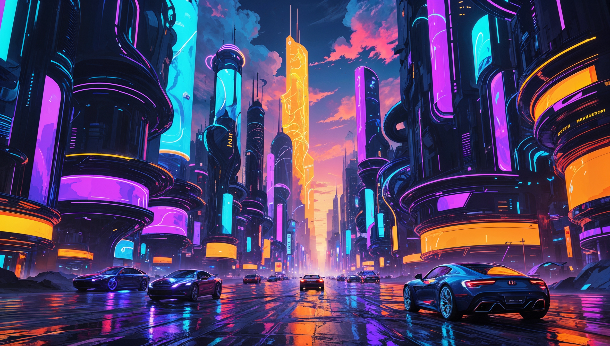 Futuristische Stadt bei Nacht mit Neonlichtern, Hochhäusern und modernen Sportwagen, Cyberpunk-Atmosphäre und Skyline