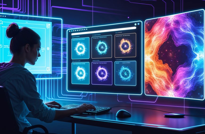 Person an einem futuristischen Computer mit schwebenden Bildschirmen, die KI-generierte Bilder und ein abstraktes, leuchtendes Kunstwerk zeigen
