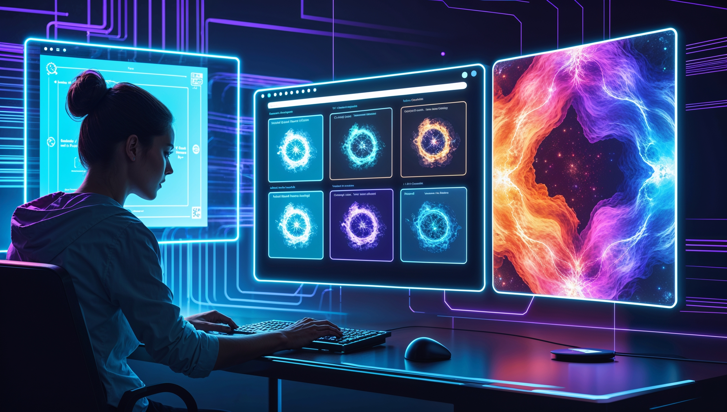 Person an einem futuristischen Computer mit schwebenden Bildschirmen, die KI-generierte Bilder und ein abstraktes, leuchtendes Kunstwerk zeigen