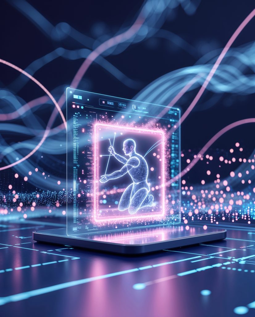 Ein holografischer Mensch erscheint aus einem futuristischen Laptop, umgeben von leuchtenden Datenströmen