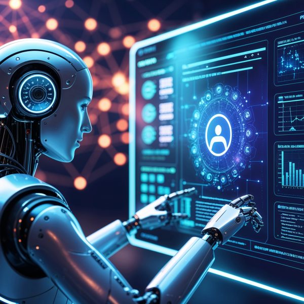 Humanoider Roboter nutzt KI-gesteuerte Datenanalyse auf einem holografischen Bildschirm.
