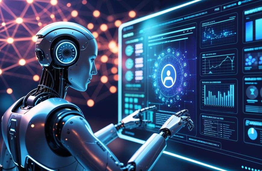 Humanoider Roboter nutzt KI-gesteuerte Datenanalyse auf einem holografischen Bildschirm.