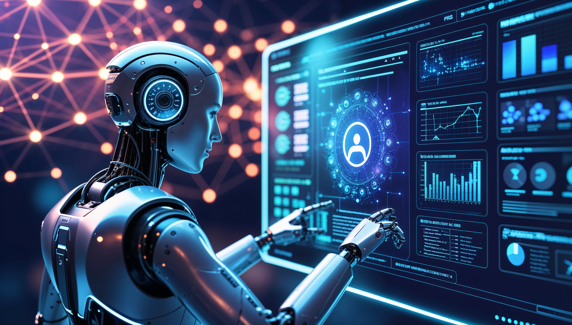 Humanoider Roboter nutzt KI-gesteuerte Datenanalyse auf einem holografischen Bildschirm.