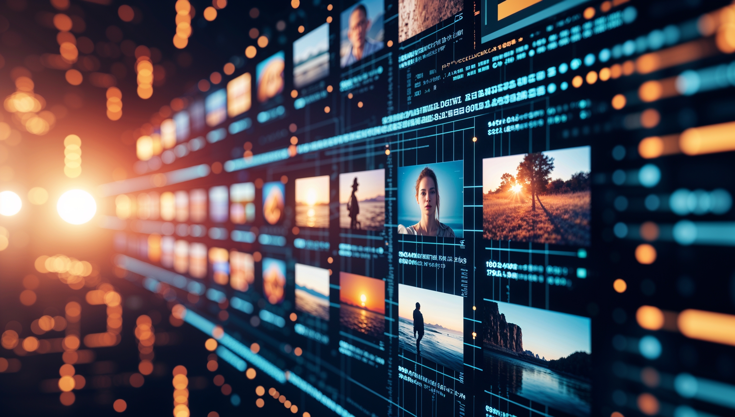 Digitale Bildwand mit KI-generierten Bildvarianten in futuristischer Benutzeroberfläche.