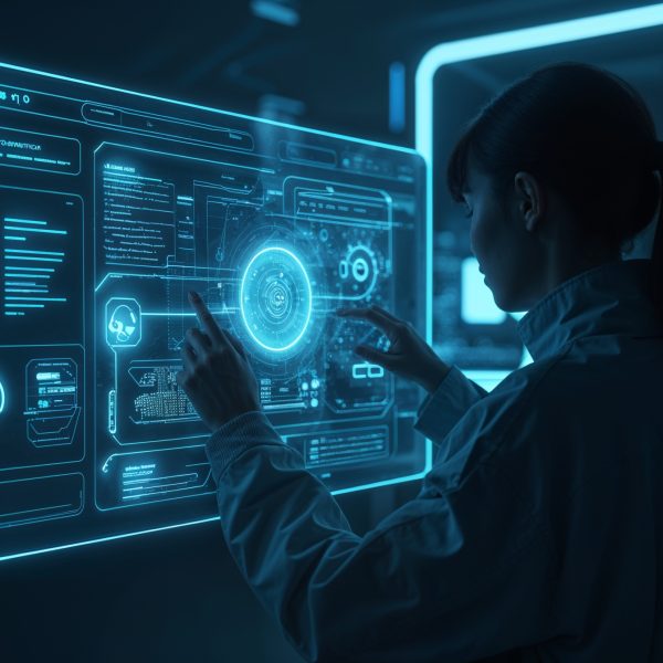 Eine Wissenschaftlerin steuert eine holografische Benutzeroberfläche in einer futuristischen Umgebung