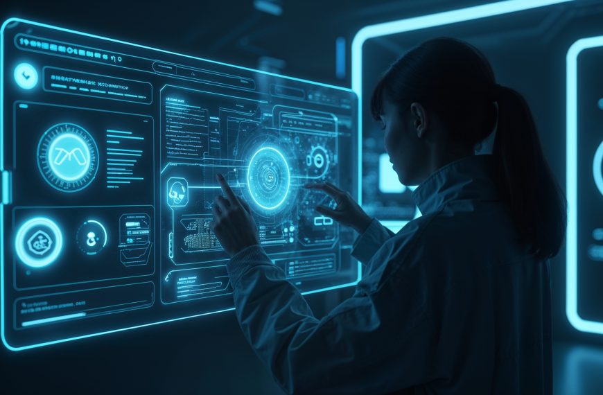Eine Wissenschaftlerin steuert eine holografische Benutzeroberfläche in einer futuristischen Umgebung
