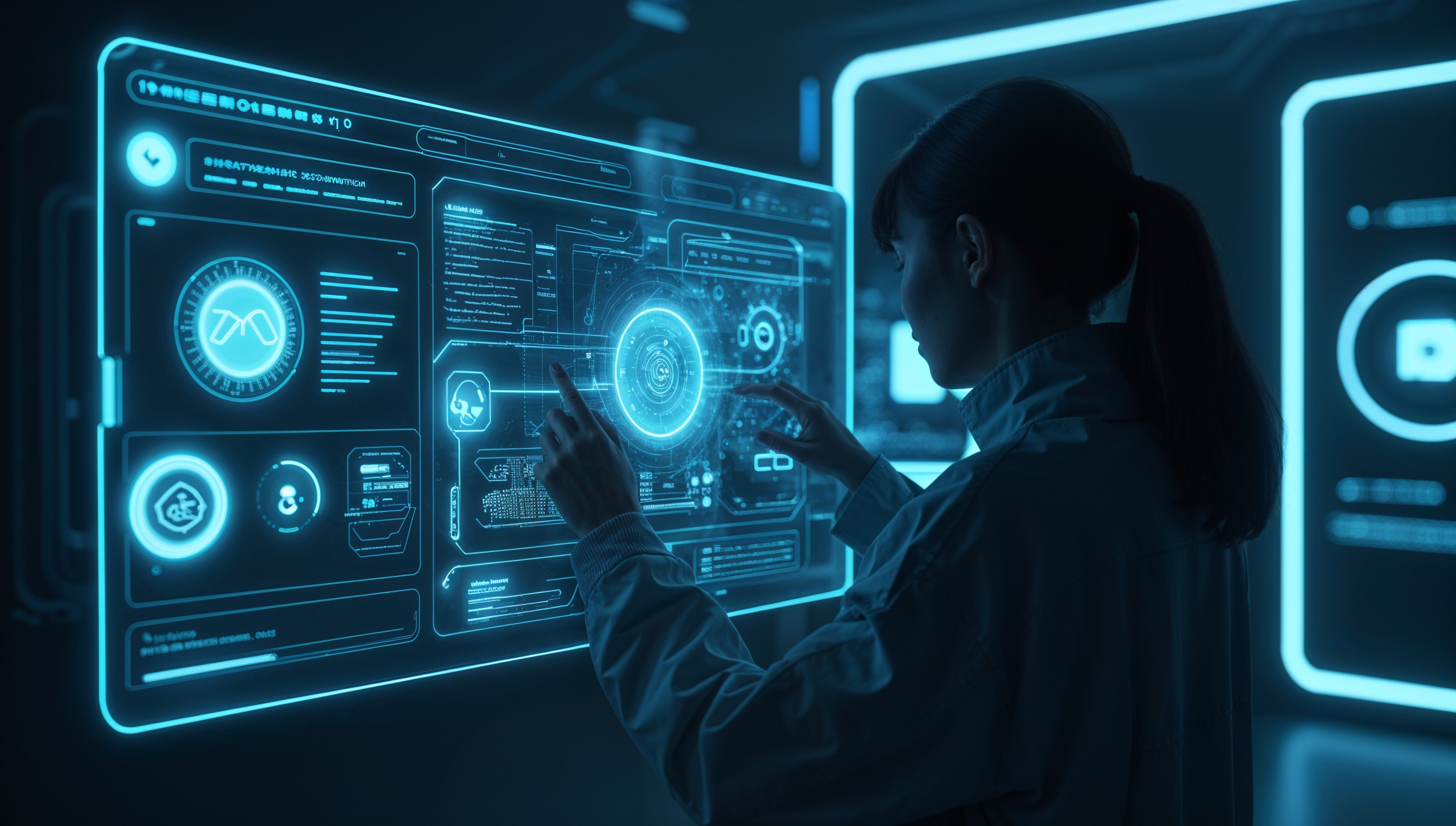 Eine Wissenschaftlerin steuert eine holografische Benutzeroberfläche in einer futuristischen Umgebung