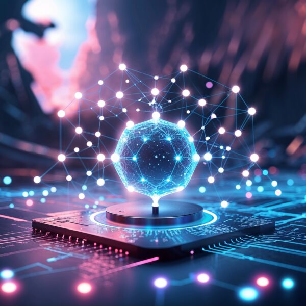 Futuristischer KI-Prozessor mit holografischem neuronalen Netzwerk, das auf einem Mikrochip in einer High-Tech-Umgebung schwebt
